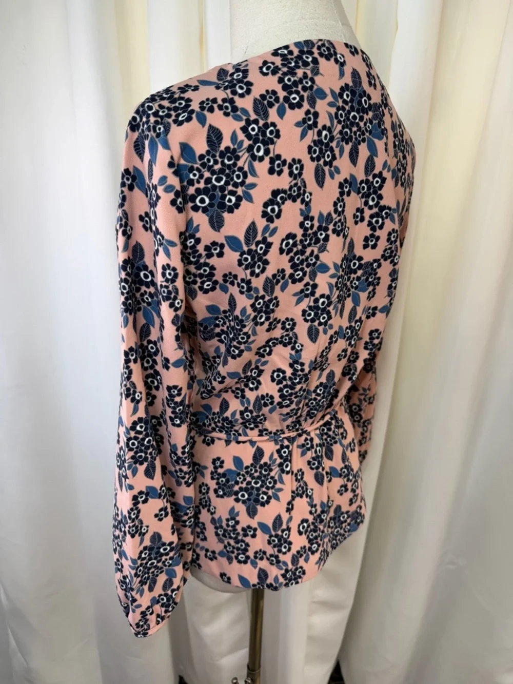 J. Crew Pink & Blue Floral Print Faux Wrap Crepe Blouson Sleeve Blouse Size 4